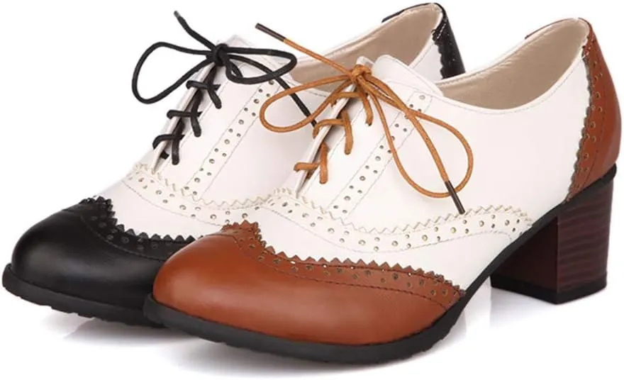 MFairy Women's Vintage Block Heel Brogue Shoes Plaid Lace up Oxford Shoes