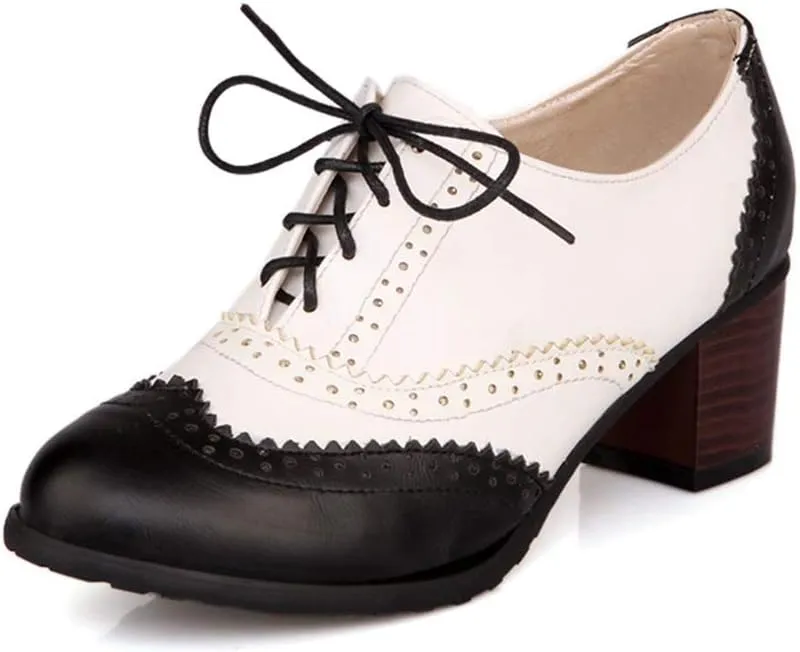 MFairy Women's Vintage Block Heel Brogue Shoes Plaid Lace up Oxford Shoes