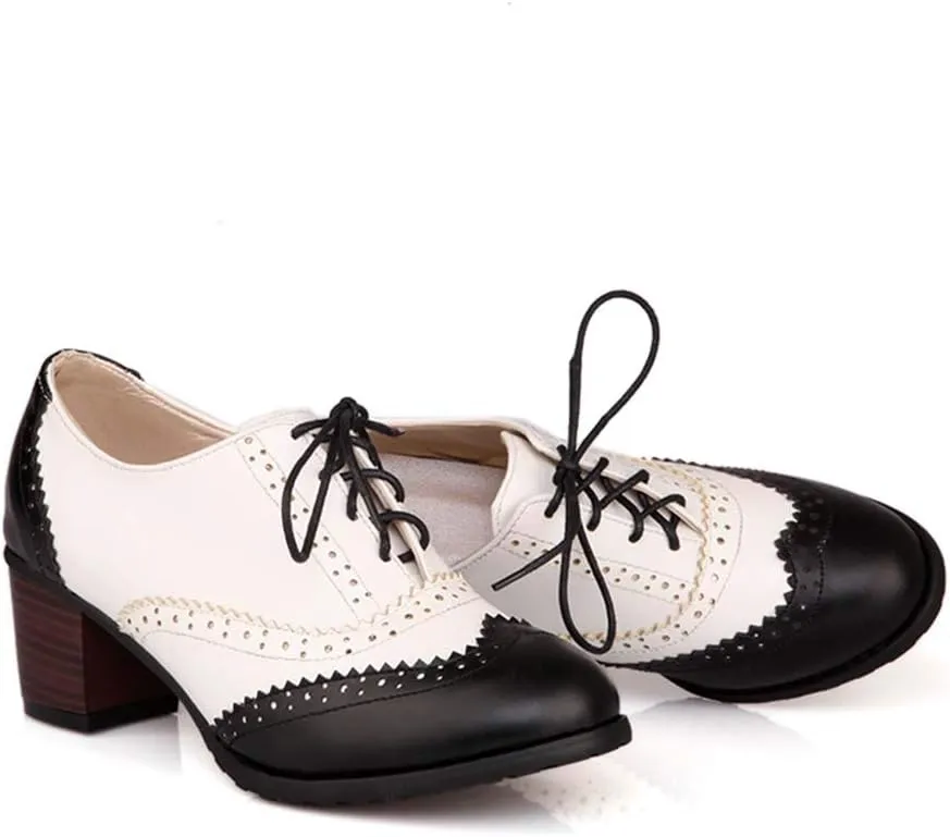 MFairy Women's Vintage Block Heel Brogue Shoes Plaid Lace up Oxford Shoes