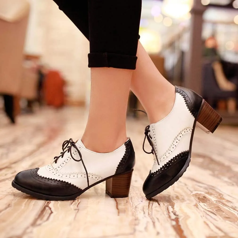MFairy Women's Vintage Block Heel Brogue Shoes Plaid Lace up Oxford Shoes