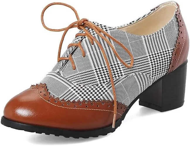 MFairy Women's Vintage Block Heel Brogue Shoes Plaid Lace up Oxford Shoes