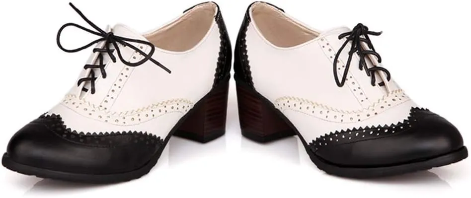 MFairy Women's Vintage Block Heel Brogue Shoes Plaid Lace up Oxford Shoes
