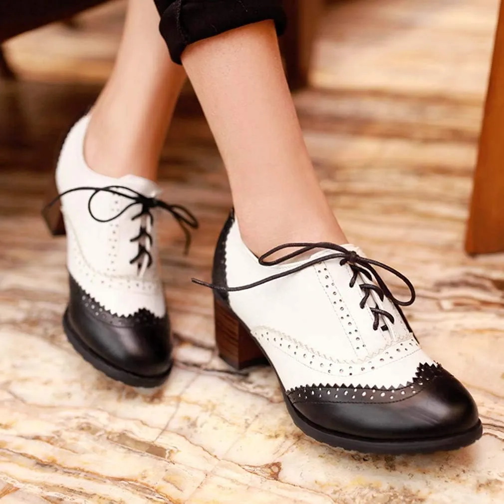 MFairy Women's Vintage Block Heel Brogue Shoes Plaid Lace up Oxford Shoes