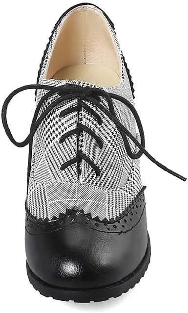 MFairy Women's Vintage Block Heel Brogue Shoes Plaid Lace up Oxford Shoes