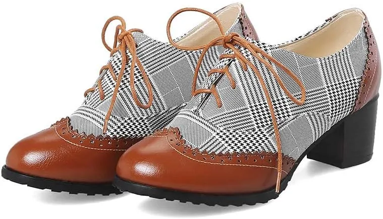 MFairy Women's Vintage Block Heel Brogue Shoes Plaid Lace up Oxford Shoes