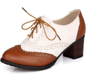 MFairy Women's Vintage Block Heel Brogue Shoes Plaid Lace up Oxford Shoes