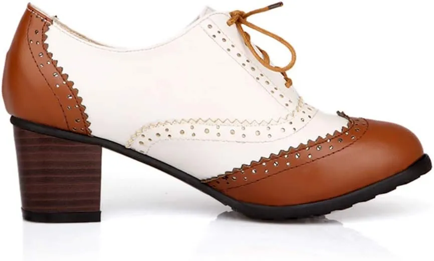 MFairy Women's Vintage Block Heel Brogue Shoes Plaid Lace up Oxford Shoes