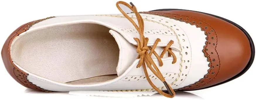 MFairy Women's Vintage Block Heel Brogue Shoes Plaid Lace up Oxford Shoes
