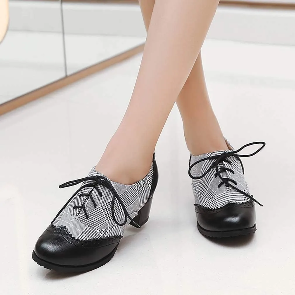 MFairy Women's Vintage Block Heel Brogue Shoes Plaid Lace up Oxford Shoes