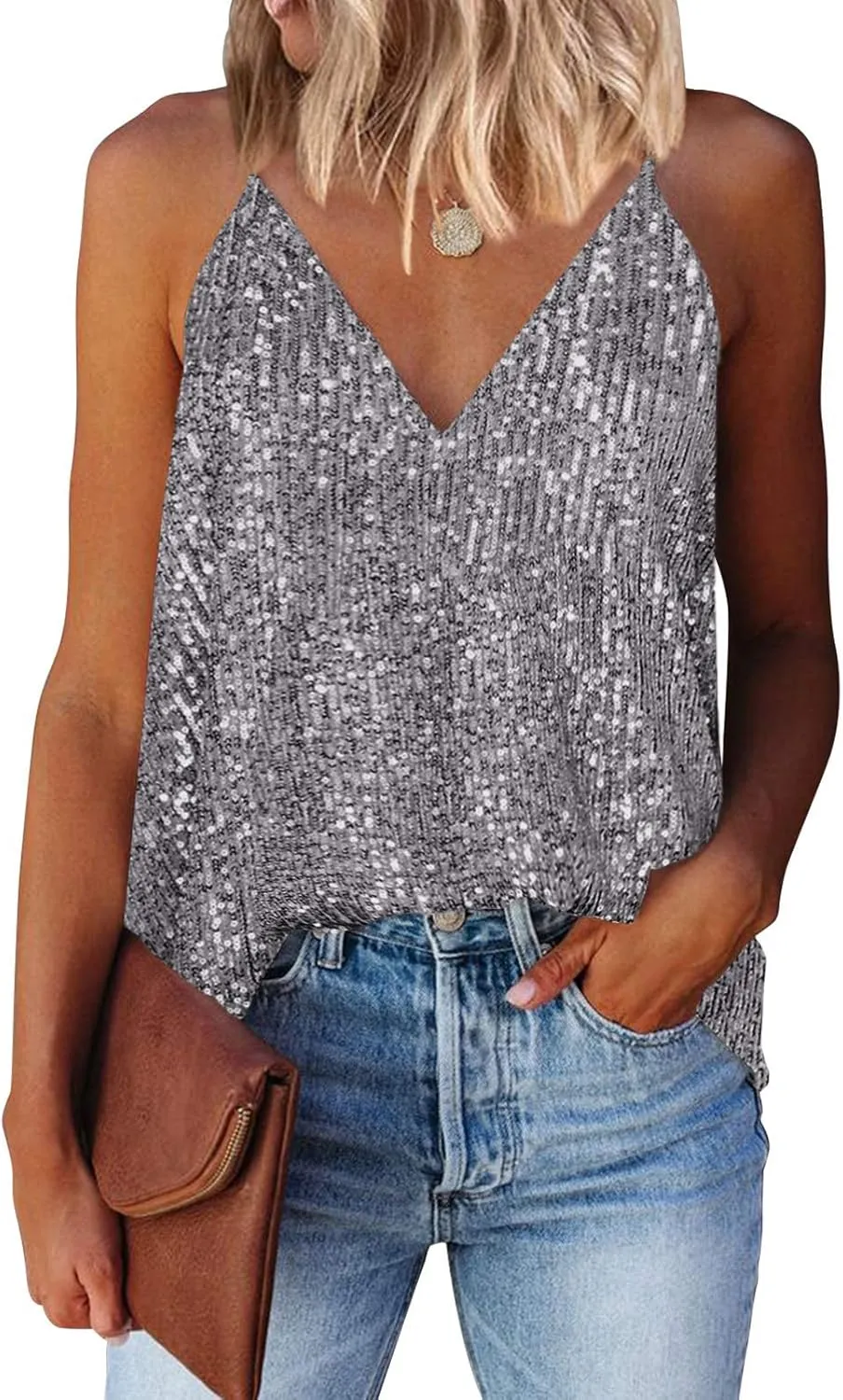 miduo Womens Tank Tops Casual Fashion V Neck Strappy Sequin Sparkle Shimmer Camisole Sleeveless Tanks Tops
