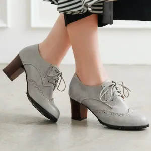 mikarka Vintage Oxford Shoes for Women Chunky Block Mid Heel Brogues Pumps Lace up Perforated Dress Shoes Saddle Oxfords