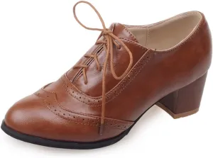 mikarka Vintage Oxford Shoes for Women Chunky Block Mid Heel Brogues Pumps Lace up Perforated Dress Shoes Saddle Oxfords
