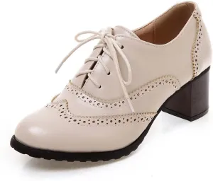 mikarka Vintage Oxford Shoes for Women Chunky Block Mid Heel Brogues Pumps Lace up Perforated Dress Shoes Saddle Oxfords