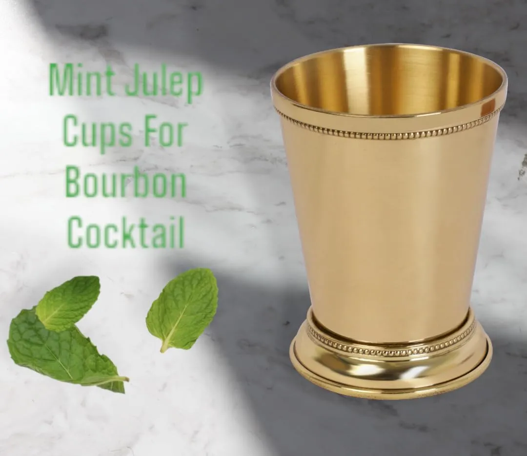 Mint Julep Cups For Bourbon Cocktail Moscow Mule Classic Beaded Trim Border Made by Soild Brass Capacity-12 Ounce (Plain, 1)