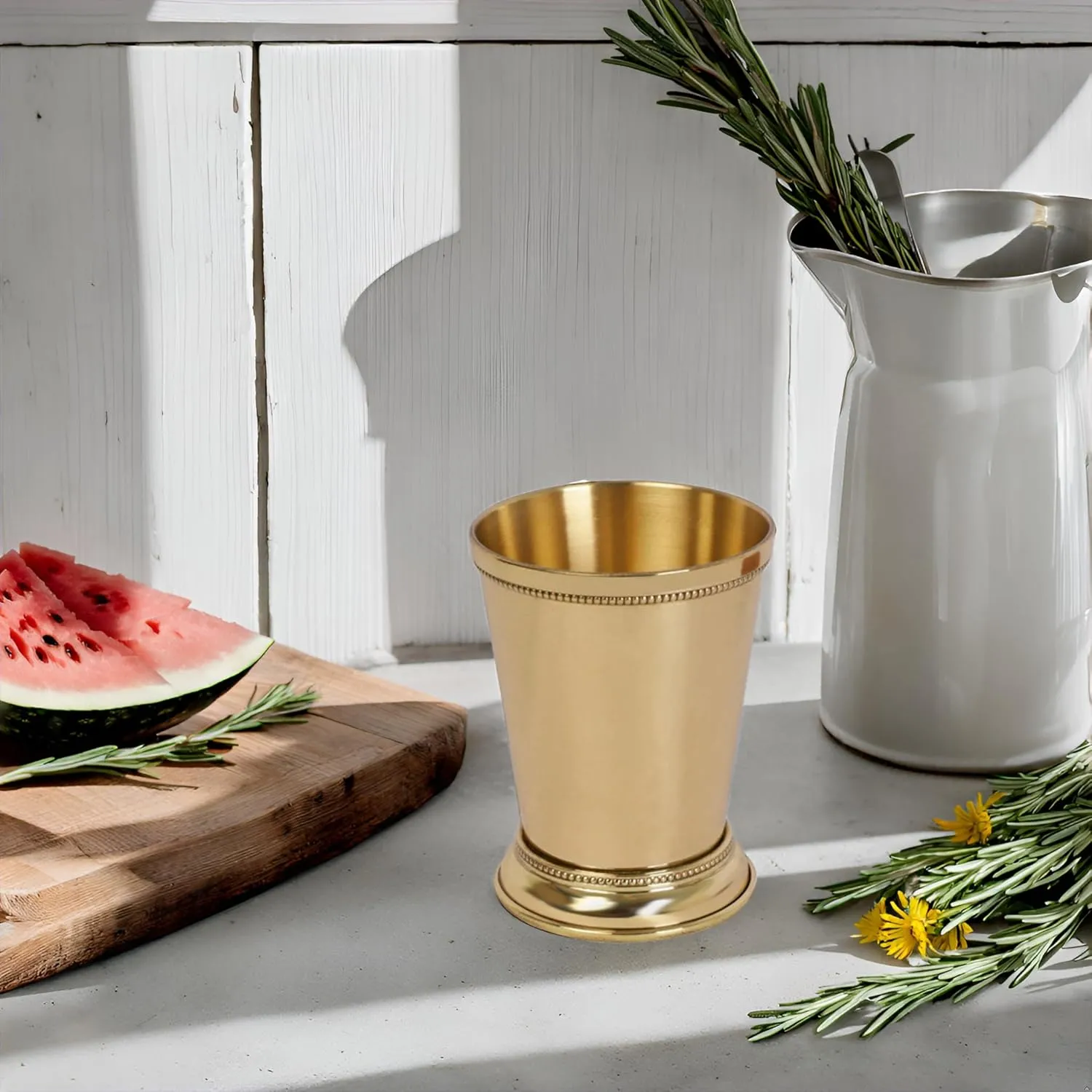 Mint Julep Cups For Bourbon Cocktail Moscow Mule Classic Beaded Trim Border Made by Soild Brass Capacity-12 Ounce (Plain, 1)