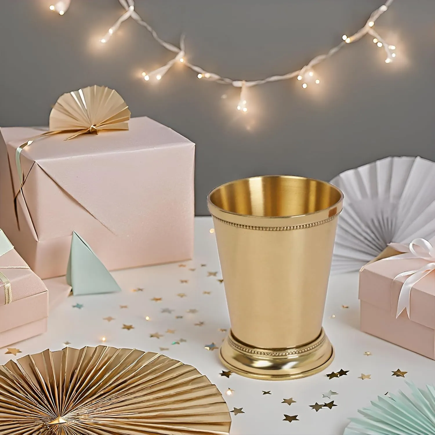 Mint Julep Cups For Bourbon Cocktail Moscow Mule Classic Beaded Trim Border Made by Soild Brass Capacity-12 Ounce (Plain, 1)