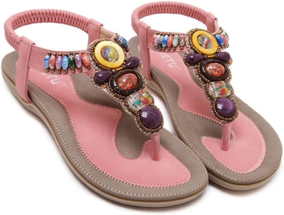 MIOKE Women's Bohemia Beaded Flat Sandals T-strap Summer Beach Elastic Slingback Flip Flops Thong Shoes