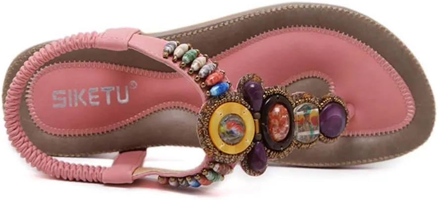 MIOKE Women's Bohemia Beaded Flat Sandals T-strap Summer Beach Elastic Slingback Flip Flops Thong Shoes