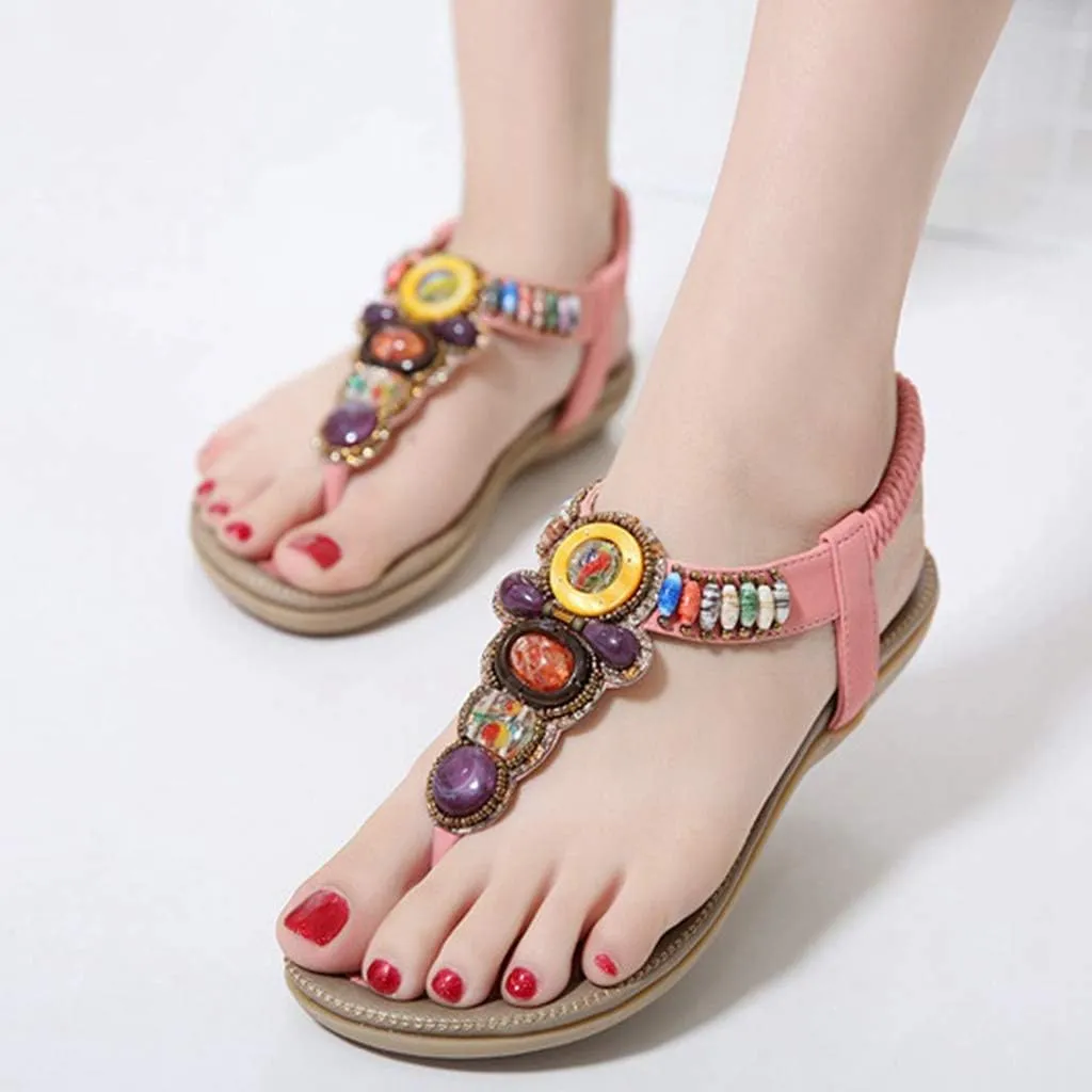 MIOKE Women's Bohemia Beaded Flat Sandals T-strap Summer Beach Elastic Slingback Flip Flops Thong Shoes