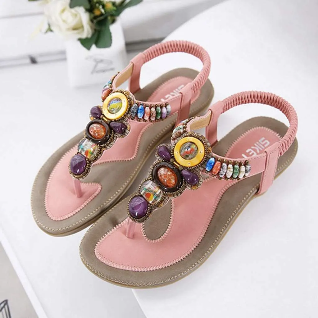 MIOKE Women's Bohemia Beaded Flat Sandals T-strap Summer Beach Elastic Slingback Flip Flops Thong Shoes