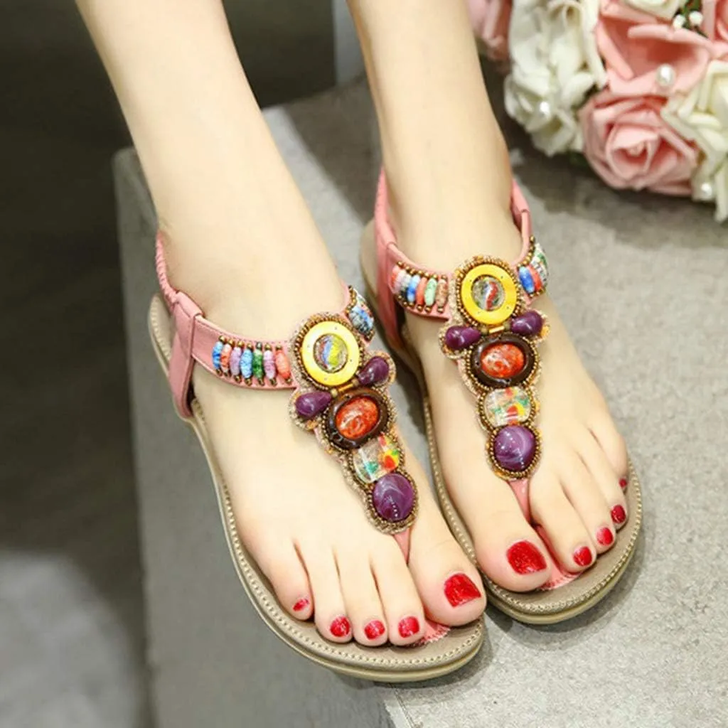 MIOKE Women's Bohemia Beaded Flat Sandals T-strap Summer Beach Elastic Slingback Flip Flops Thong Shoes