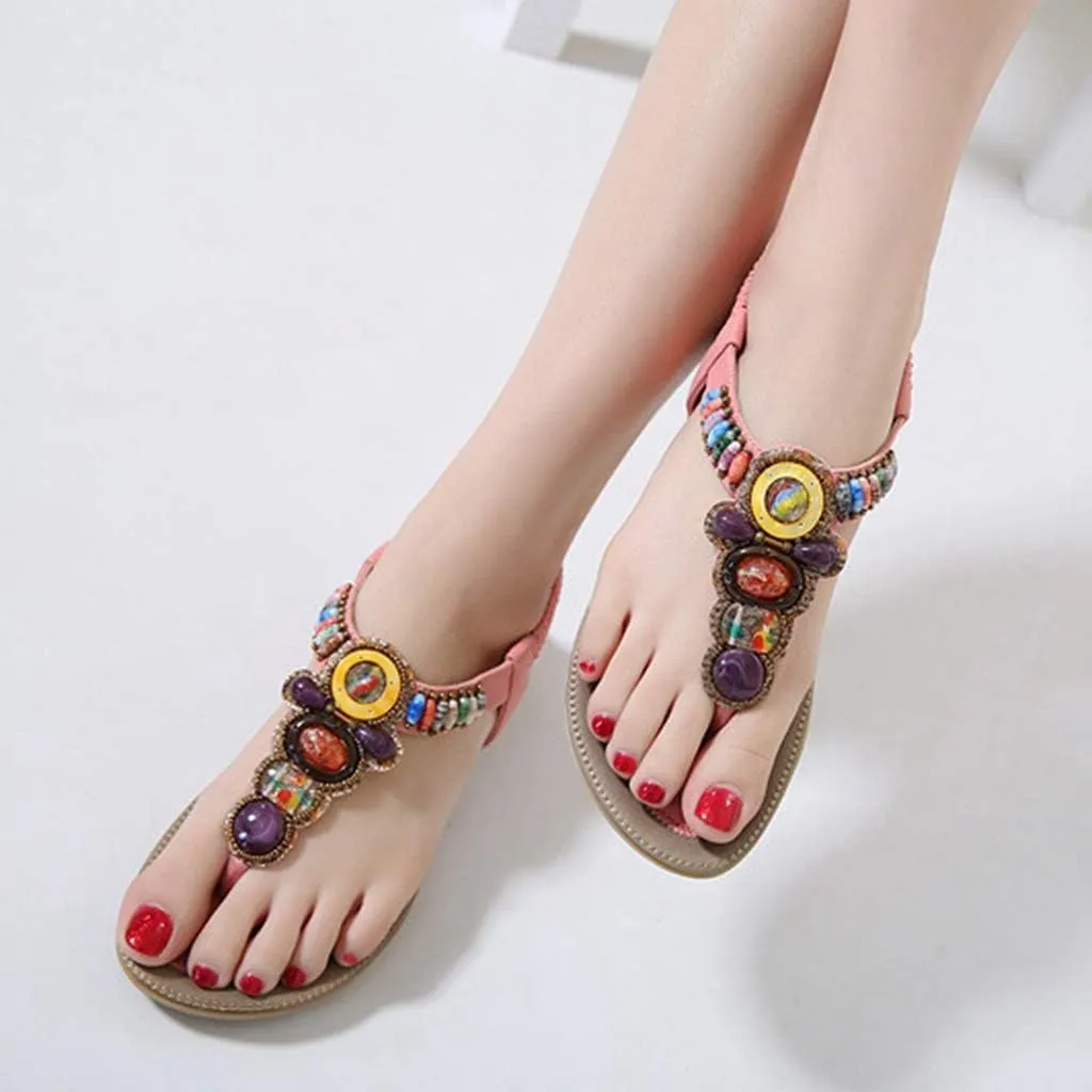 MIOKE Women's Bohemia Beaded Flat Sandals T-strap Summer Beach Elastic Slingback Flip Flops Thong Shoes