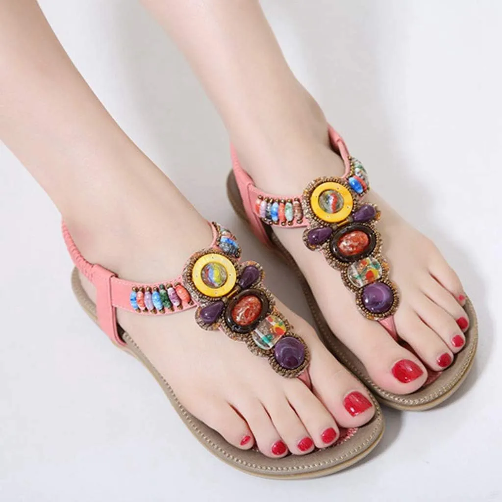 MIOKE Women's Bohemia Beaded Flat Sandals T-strap Summer Beach Elastic Slingback Flip Flops Thong Shoes