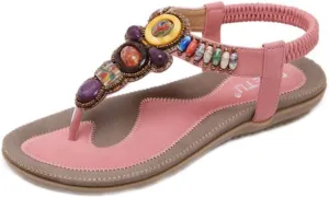 MIOKE Women's Bohemia Beaded Flat Sandals T-strap Summer Beach Elastic Slingback Flip Flops Thong Shoes