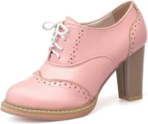 MIOKE Women's Chunky High Heel Oxford Pump Lace Up Wingtip Perforated Platform Brogues Vintage Dress Shoes