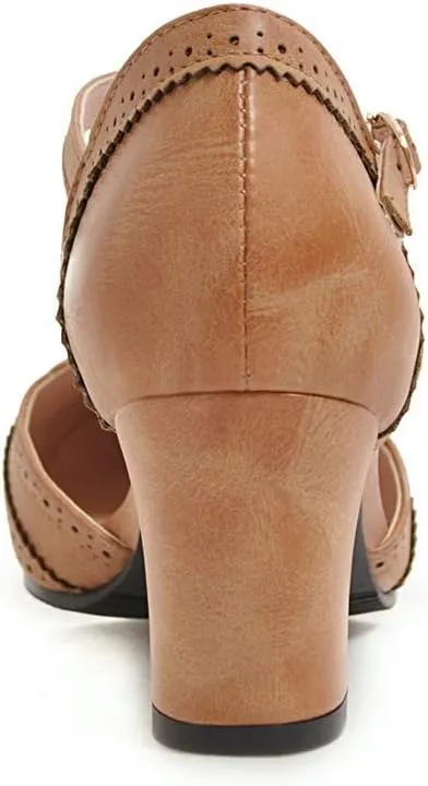MIOKE Women's Classic Mary Jane Pumps Round Toe Brogue Chunky Block Heel Retro Vintage Dress Oxford Shoes