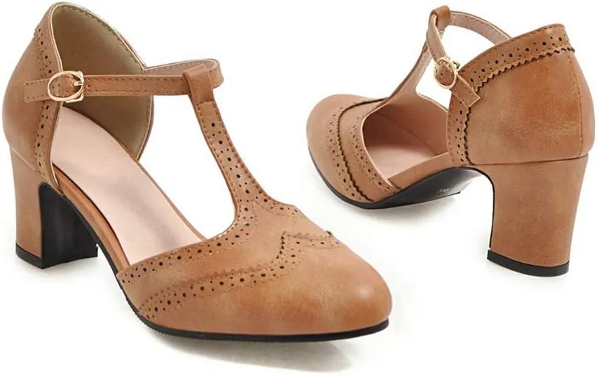 MIOKE Women's Classic Mary Jane Pumps Round Toe Brogue Chunky Block Heel Retro Vintage Dress Oxford Shoes