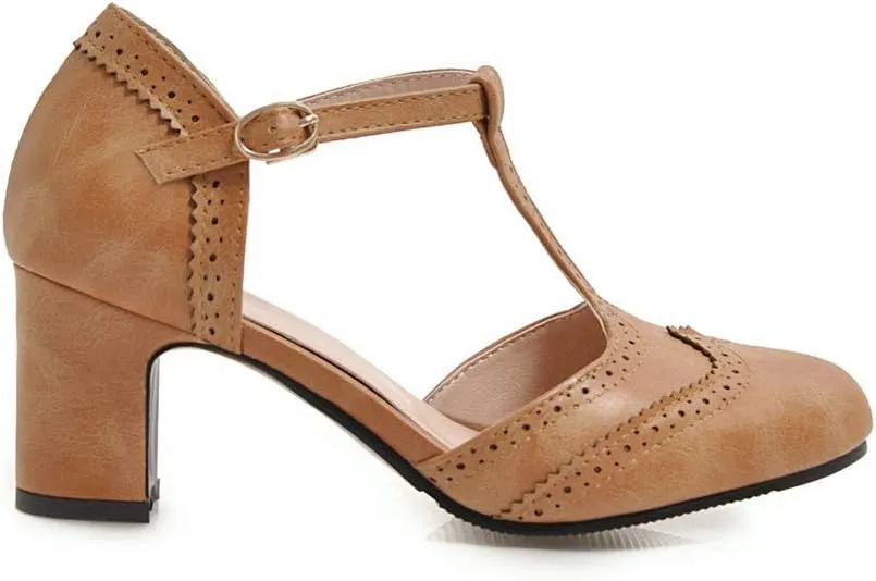MIOKE Women's Classic Mary Jane Pumps Round Toe Brogue Chunky Block Heel Retro Vintage Dress Oxford Shoes