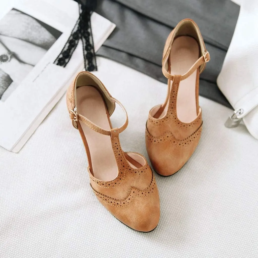MIOKE Women's Classic Mary Jane Pumps Round Toe Brogue Chunky Block Heel Retro Vintage Dress Oxford Shoes
