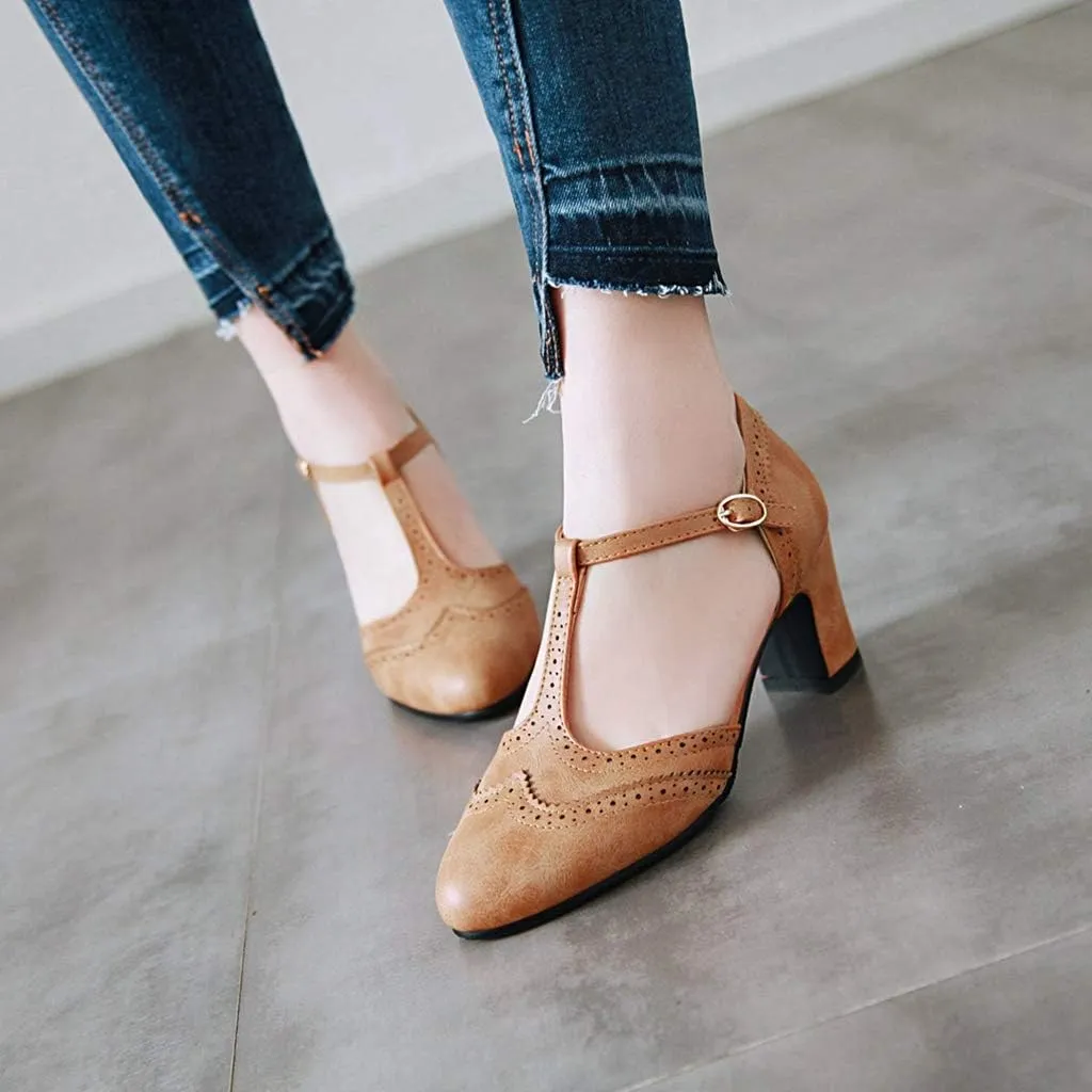 MIOKE Women's Classic Mary Jane Pumps Round Toe Brogue Chunky Block Heel Retro Vintage Dress Oxford Shoes