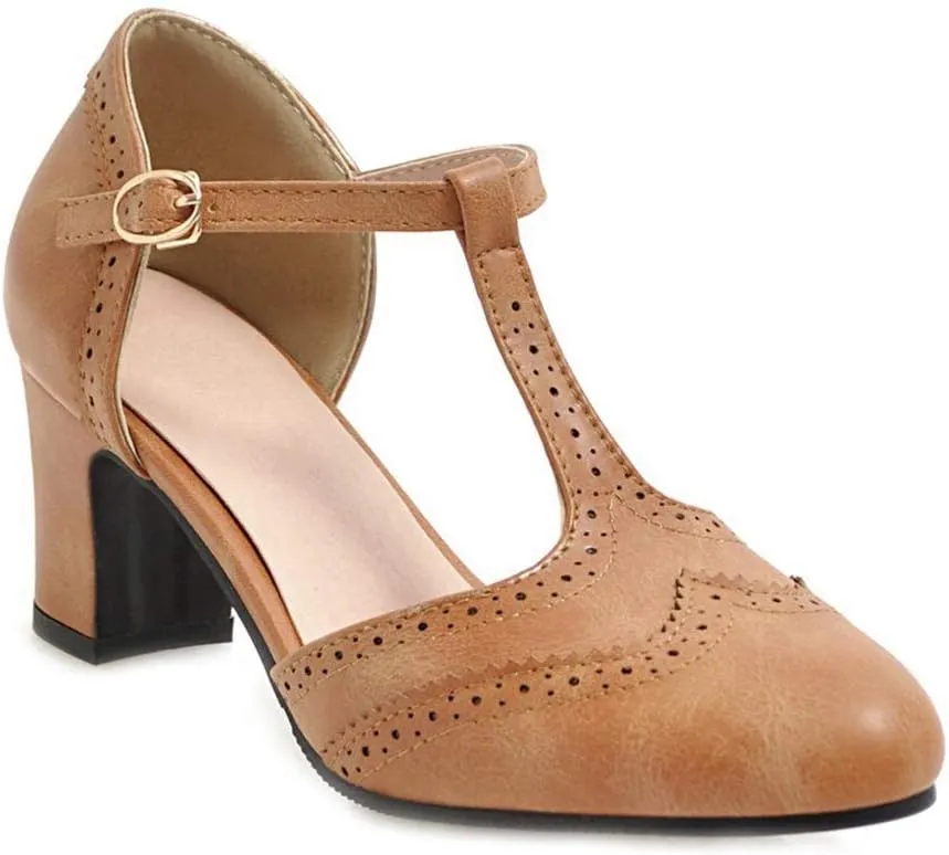 MIOKE Women's Classic Mary Jane Pumps Round Toe Brogue Chunky Block Heel Retro Vintage Dress Oxford Shoes