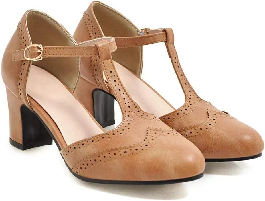 MIOKE Women's Classic Mary Jane Pumps Round Toe Brogue Chunky Block Heel Retro Vintage Dress Oxford Shoes
