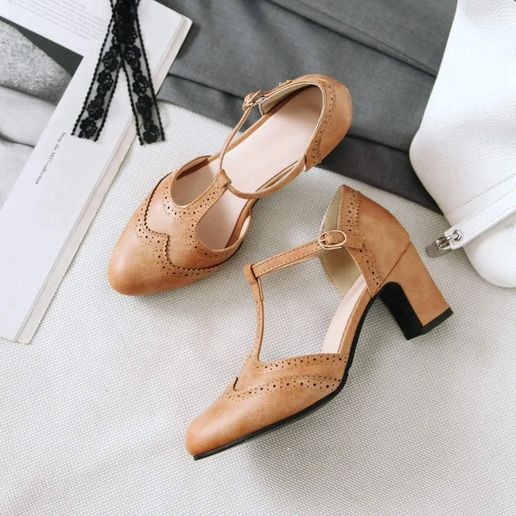 MIOKE Women's Classic Mary Jane Pumps Round Toe Brogue Chunky Block Heel Retro Vintage Dress Oxford Shoes