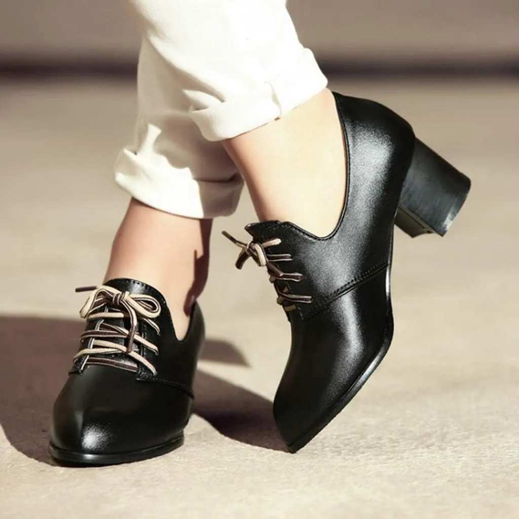 MIOKE Women's Lace Up Wingtip Pump Oxfords Round Toe Chunky Block Mid Heel Vintage Brogue Classic Dress Shoes