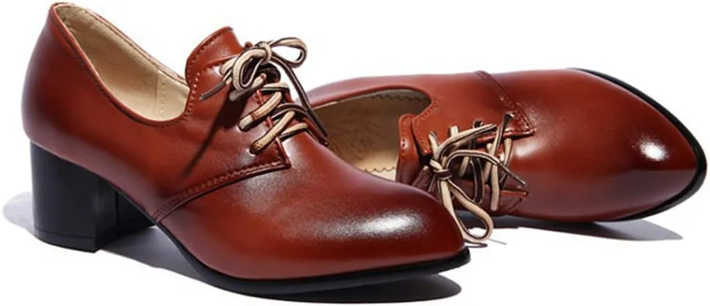 MIOKE Women's Lace Up Wingtip Pump Oxfords Round Toe Chunky Block Mid Heel Vintage Brogue Classic Dress Shoes