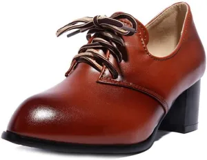 MIOKE Women's Lace Up Wingtip Pump Oxfords Round Toe Chunky Block Mid Heel Vintage Brogue Classic Dress Shoes