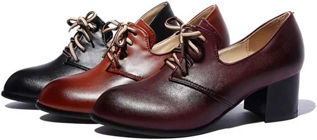 MIOKE Women's Lace Up Wingtip Pump Oxfords Round Toe Chunky Block Mid Heel Vintage Brogue Classic Dress Shoes