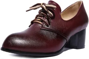 MIOKE Women's Lace Up Wingtip Pump Oxfords Round Toe Chunky Block Mid Heel Vintage Brogue Classic Dress Shoes