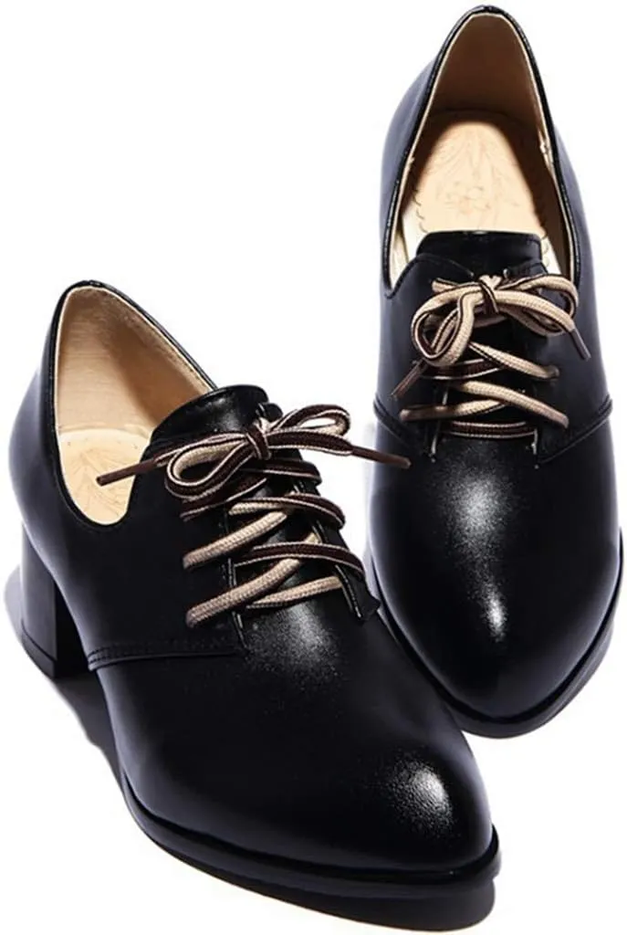 MIOKE Women's Lace Up Wingtip Pump Oxfords Round Toe Chunky Block Mid Heel Vintage Brogue Classic Dress Shoes