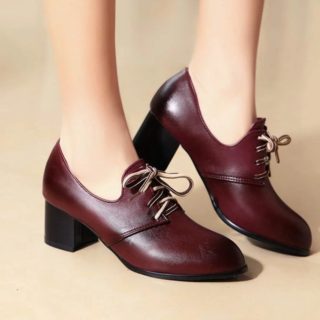 MIOKE Women's Lace Up Wingtip Pump Oxfords Round Toe Chunky Block Mid Heel Vintage Brogue Classic Dress Shoes