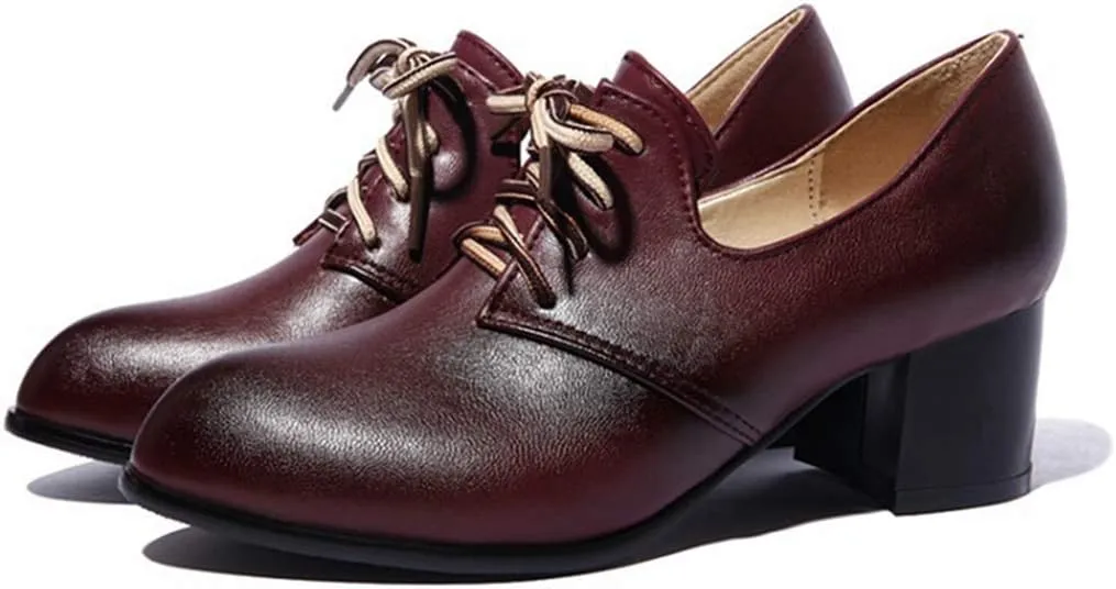 MIOKE Women's Lace Up Wingtip Pump Oxfords Round Toe Chunky Block Mid Heel Vintage Brogue Classic Dress Shoes