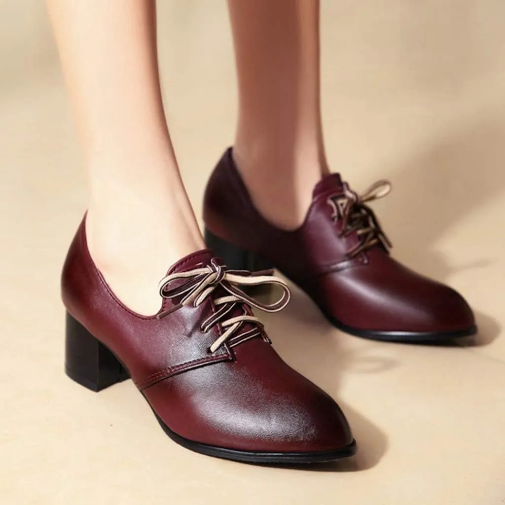 MIOKE Women's Lace Up Wingtip Pump Oxfords Round Toe Chunky Block Mid Heel Vintage Brogue Classic Dress Shoes