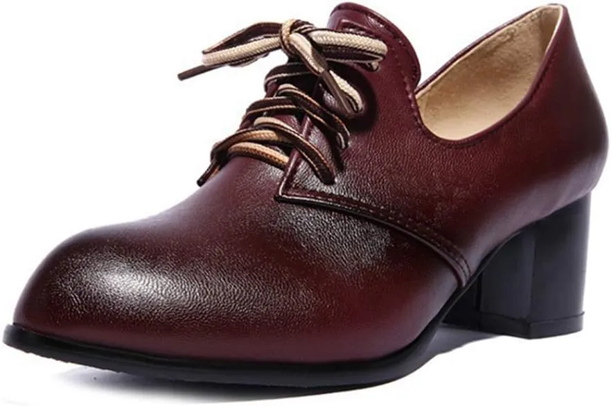 MIOKE Women's Lace Up Wingtip Pump Oxfords Round Toe Chunky Block Mid Heel Vintage Brogue Classic Dress Shoes