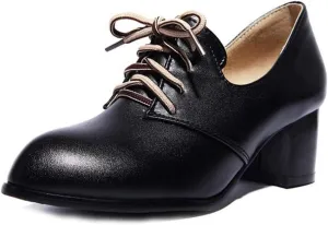 MIOKE Women's Lace Up Wingtip Pump Oxfords Round Toe Chunky Block Mid Heel Vintage Brogue Classic Dress Shoes