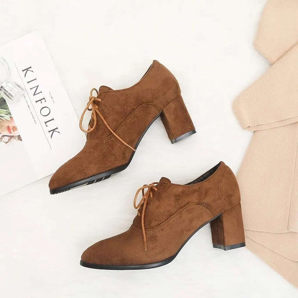 MIOKE Women's Pointed Toe Lace Up Pump Oxfords Suede Vintage Chunky Block Mid Heel Brogue Office Dress Shoes