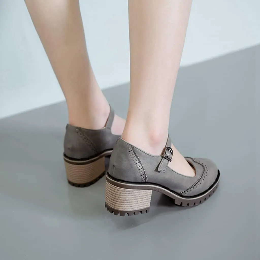 MIOKE Women's Retro Mary Jane Pump Oxford Brogue Round Toe Chunky Block Heel Platform Vintage Dress Shoes
